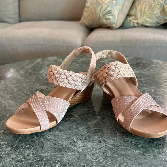 XIANGLV Women’s SZ 6 Sparkly Pale Pink Braided Stretch Strap Wedge Heel Sandals - Picture 12 of 12